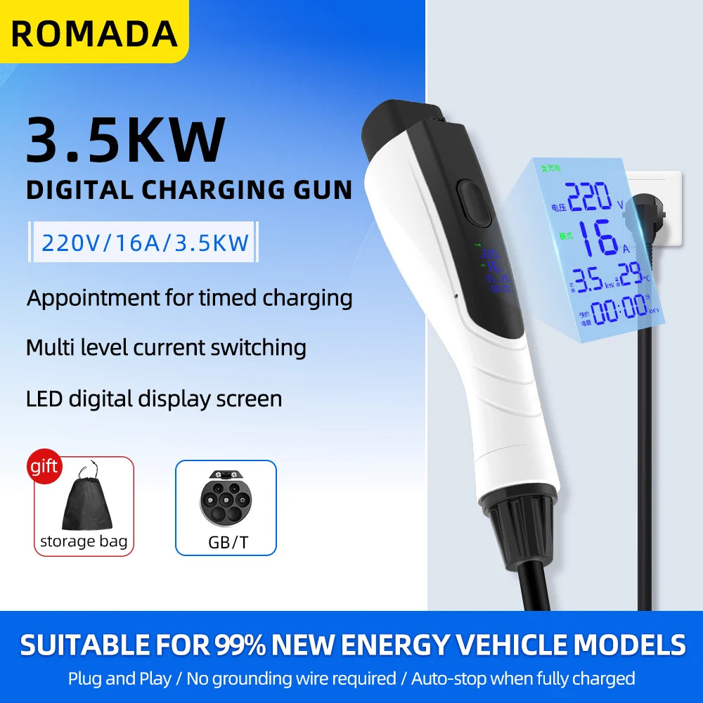 NEW 3.5KW 16A GB/T20234 EV Portable Charger 3M-20M Cable EVSE EU Plug Wallbox Adapter With Display Screen Fast Charging For EV