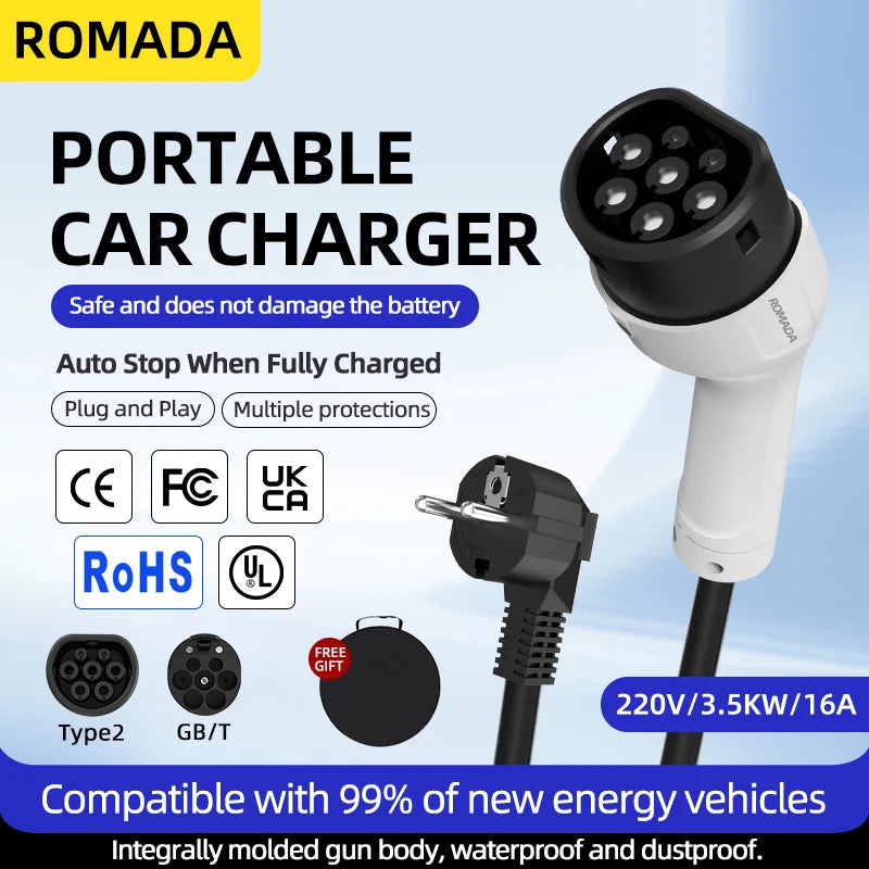 ROMADA Type 2 Portable EV Charger | 3.5kW 16A