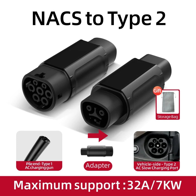 32A 7KW Electric Vehicle EV Charger Adapter NACS to Type 1 J1772/Type 2 IEC62196/GBT20234 Compatible Tesla Charging Connector