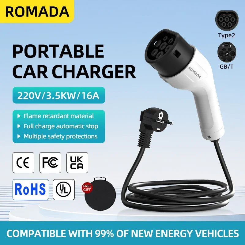 ROMADA 16A 3.5KW Type 2 EV Charging Cable, IP66 Waterproof EU Plug Portable Charger for Electric Car (3-20M Length)