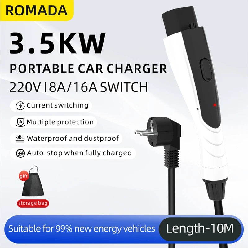 ROMADA Portable 3.5KW 16A EV Charger 3M-20M Cable GB/T20234 EVSE EU Plug Wallbox Adapter Reliable Home Charging Solution For EV