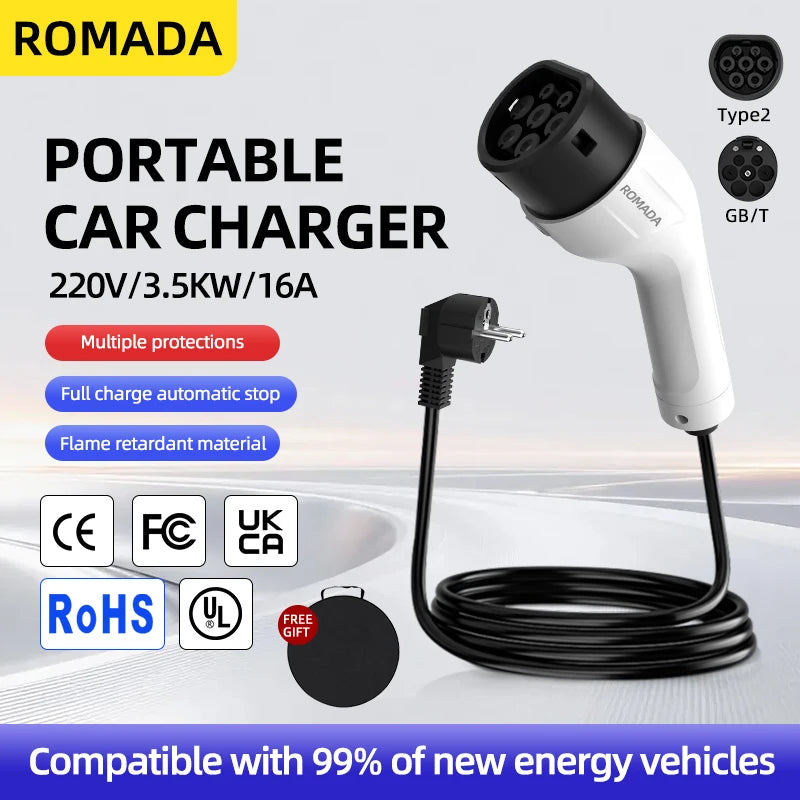 ROMADA Type 2 Portable EV Charger | 3.5kW 16A