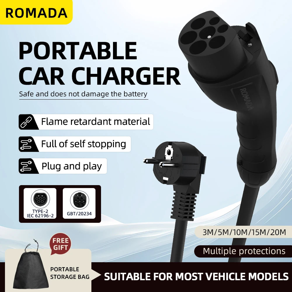 GB/T20234 3.5KW 16A Portable EV Charger with Connector EU Plug 3M-20M Cable Length Options Wallbox Adapter for Electric Vehicle