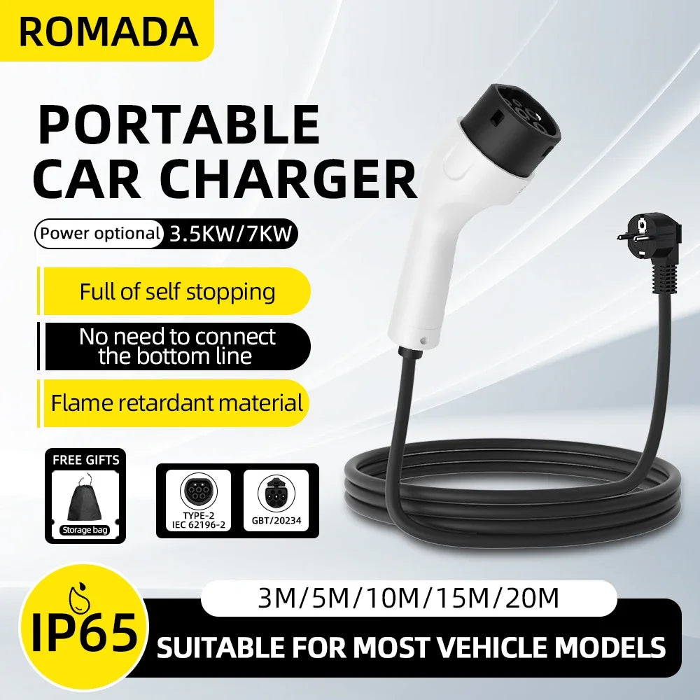 ROMADA 3.5KW 16A EV Portable Type2 IEC62196 Charger 3M 5M 10M 15M 20M Cable EVSE EU Plug Wallbox Adapter For Electric Vehicle