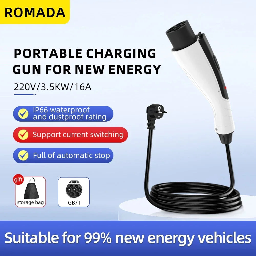 ROMADA Portable 3.5KW 16A EV Charger 3M-20M Cable GB/T20234 EVSE EU Plug Wallbox Adapter Reliable Home Charging Solution For EV