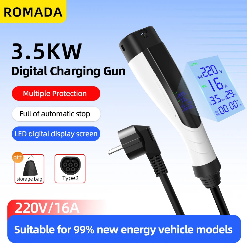 ROMADA NEW 3.5KW 16A Portable EV Charger IP66 Waterproof With Display 3M-10M Cable IEC62196 TYPE2 EVSE EU Plug Fast Charging CE