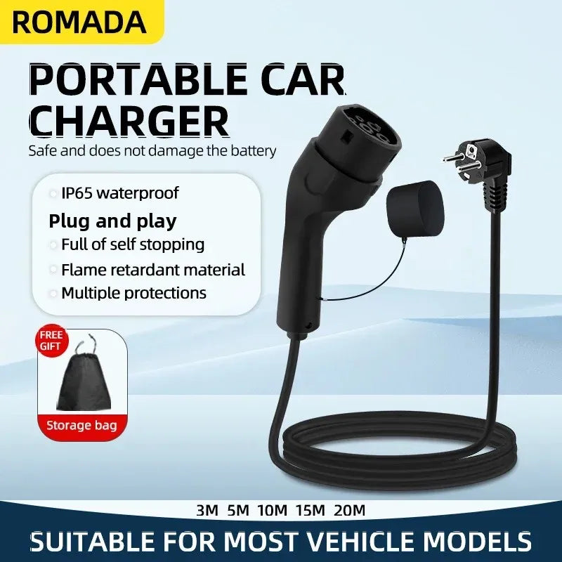 Portable 3.5KW 16A EV Charger 3M 5M 10M 15M 20M Cable Type2 IEC62196 EVSE EU Plug Wallbox Adapter For Electric Vehicle