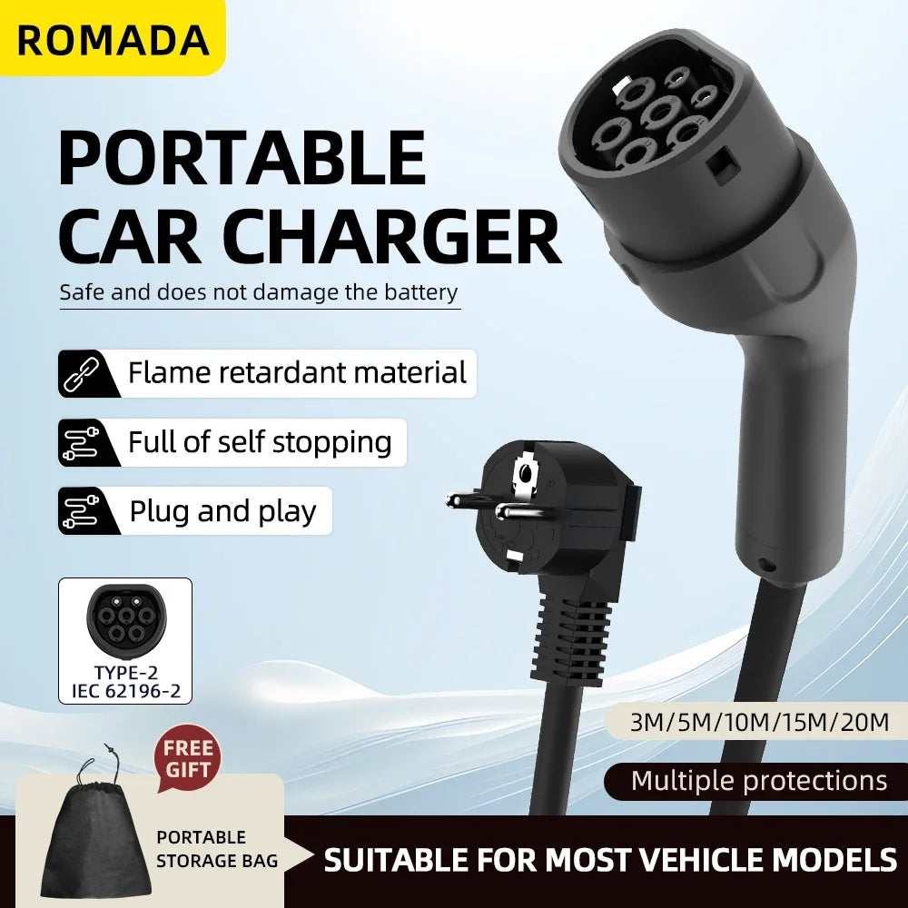 Portable 3.5KW 16A EV Charger with 3M-20M Cable Type2 IEC62196 EU Plug Wallbox Adapter Plug And Charge for Electric Vehicles