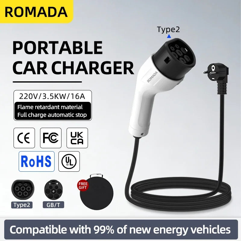 ROMADA Type 2 Portable EV Charger | 3.5kW 16A