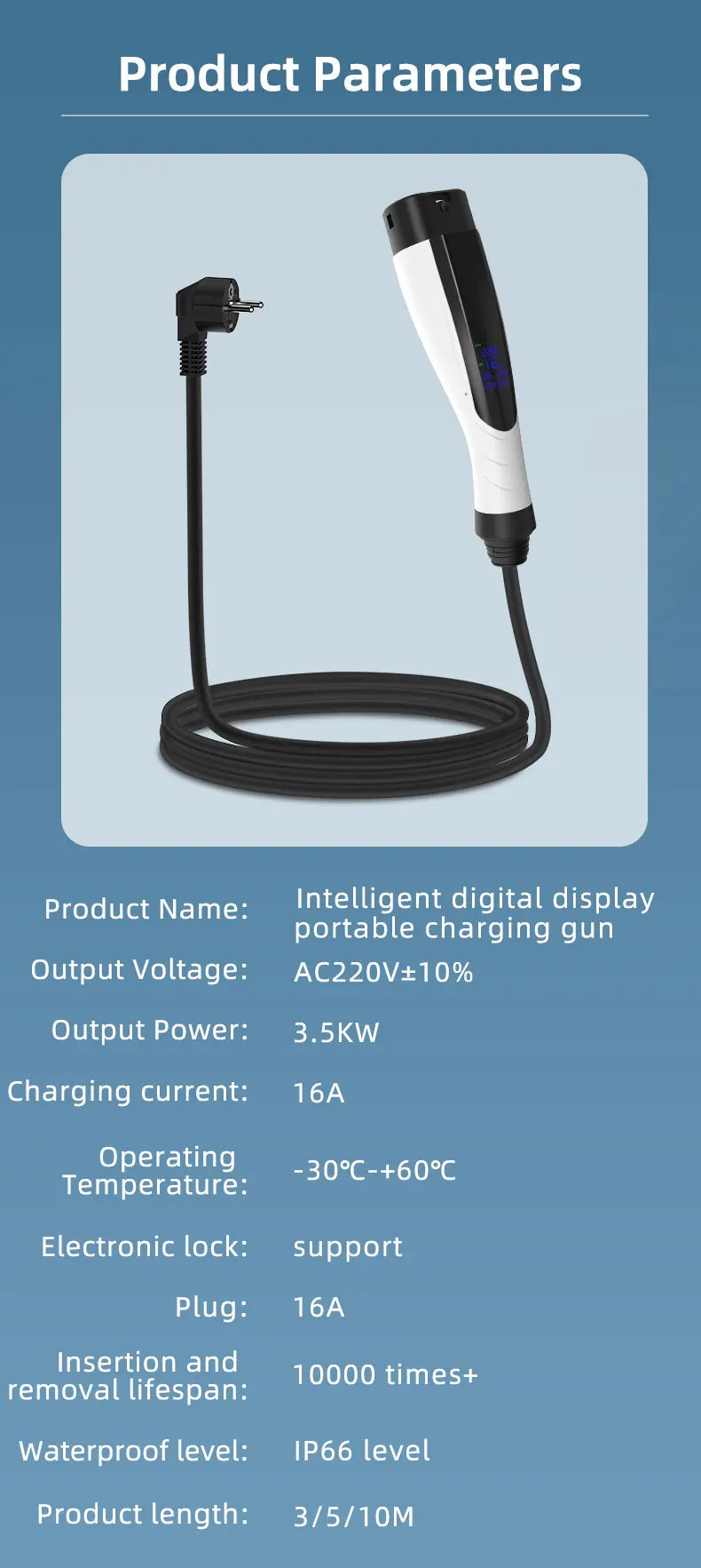 ROMADA NEW 3.5KW 16A Portable EV Charger IP66 Waterproof With Display 3M-10M Cable IEC62196 TYPE2 EVSE EU Plug Fast Charging CE