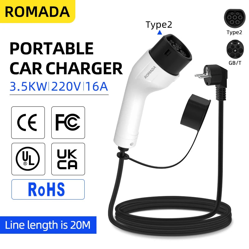 ROMADA 16A 3.5KW Type 2 EV Charging Cable, IP66 Waterproof EU Plug Portable Charger for Electric Car (3-20M Length)