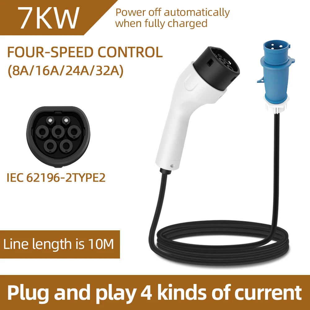 Type2 IEC62196 CEE Plug Portable EV Charger 7KW 32A with 3M/5M/10M/15M/20M Cable Wallbox Adapter for Electric Vehicle