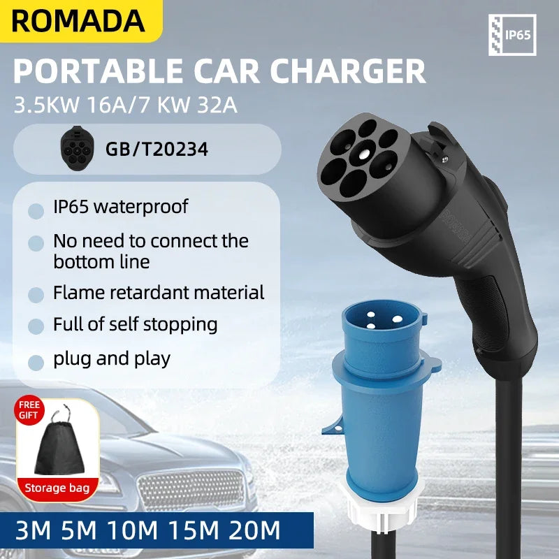 Electric Vehicle 7KW 32A EV Portable Charger 3M 5M 10M 15M 20M Cable GB/T20234 EVSE CEE Plug Wallbox Adapter For