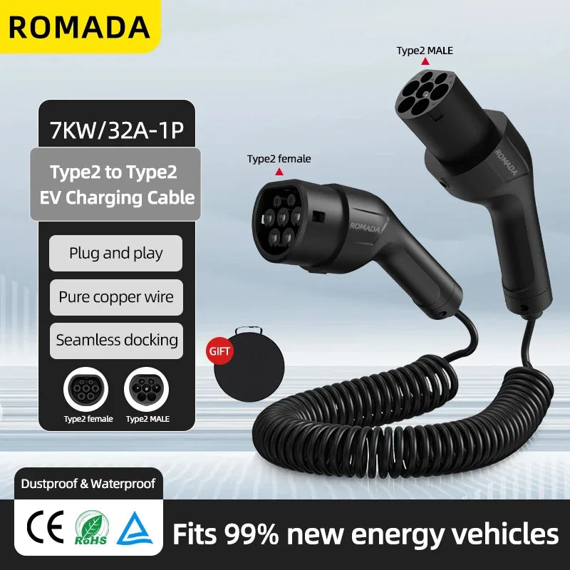 Potable EV Charging Cable 32A 7kW 1Phase Electric Vehicle Cord 5M Type 2 EVSE Charging Station Female to Male Plug Spring Wire