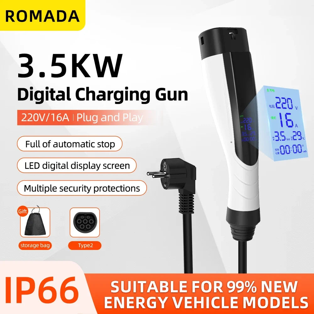 ROMADA NEW 3.5KW 16A Portable EV Charger IP66 Waterproof With Display 3M-10M Cable IEC62196 TYPE2 EVSE EU Plug Fast Charging CE