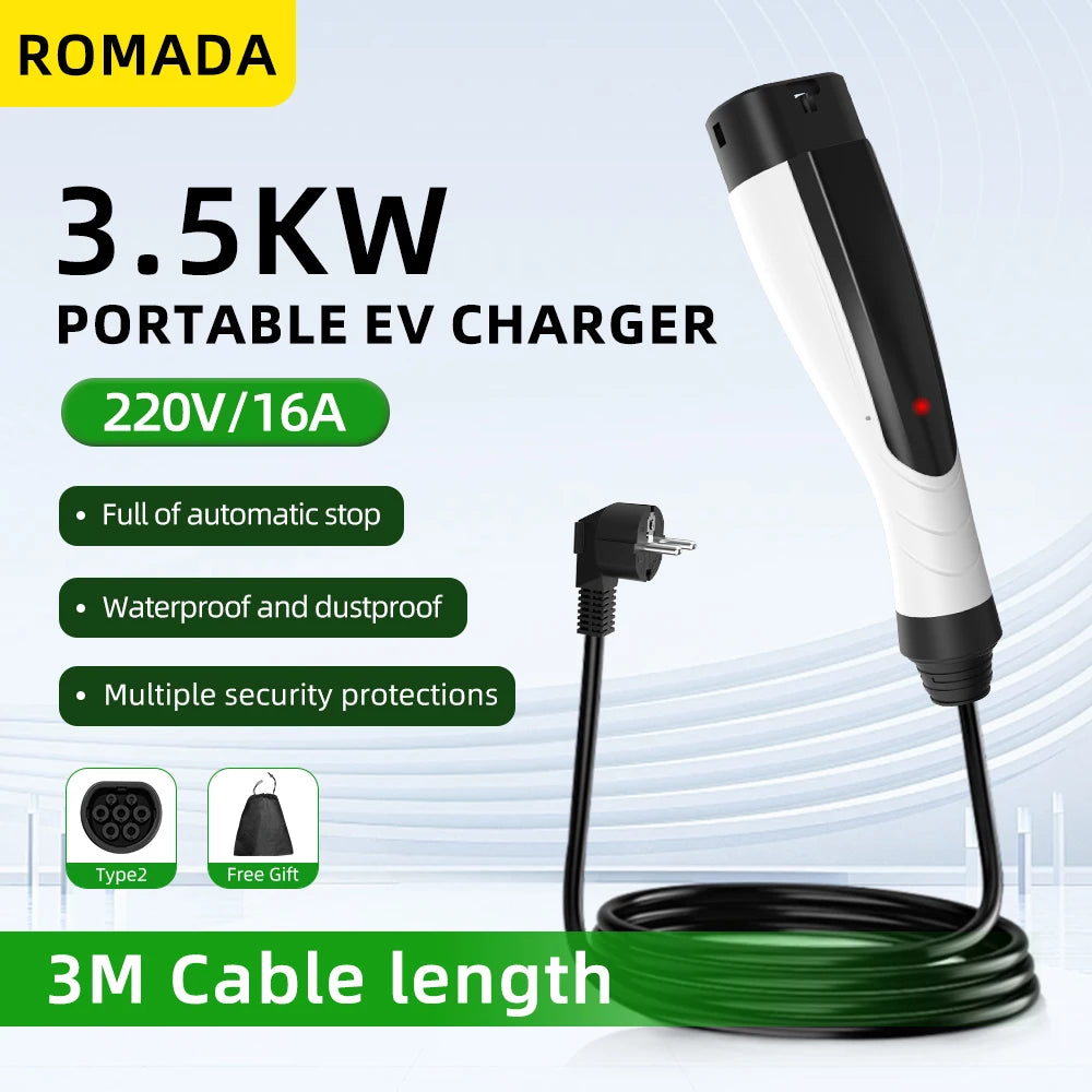 NEW ROMADA 3.5KW 16A Portable EV Charger with 3M-10M Cable IEC62196 TYPE2 EVSE EU Plug Safe Charging for Electric Vehicles