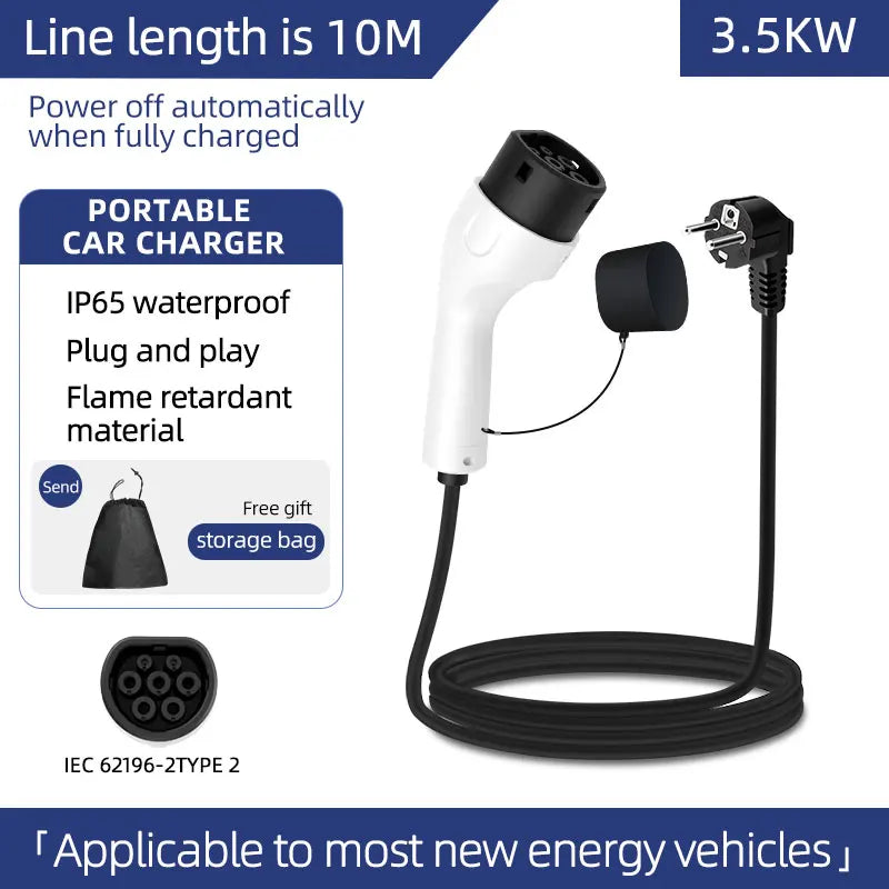 3.5KW 16A EV Portable Charger 3M 5M 10M 15M 20M Cable Type2 IEC62196 EVSE EU Plug Wallbox Adapter For Electric Vehicle