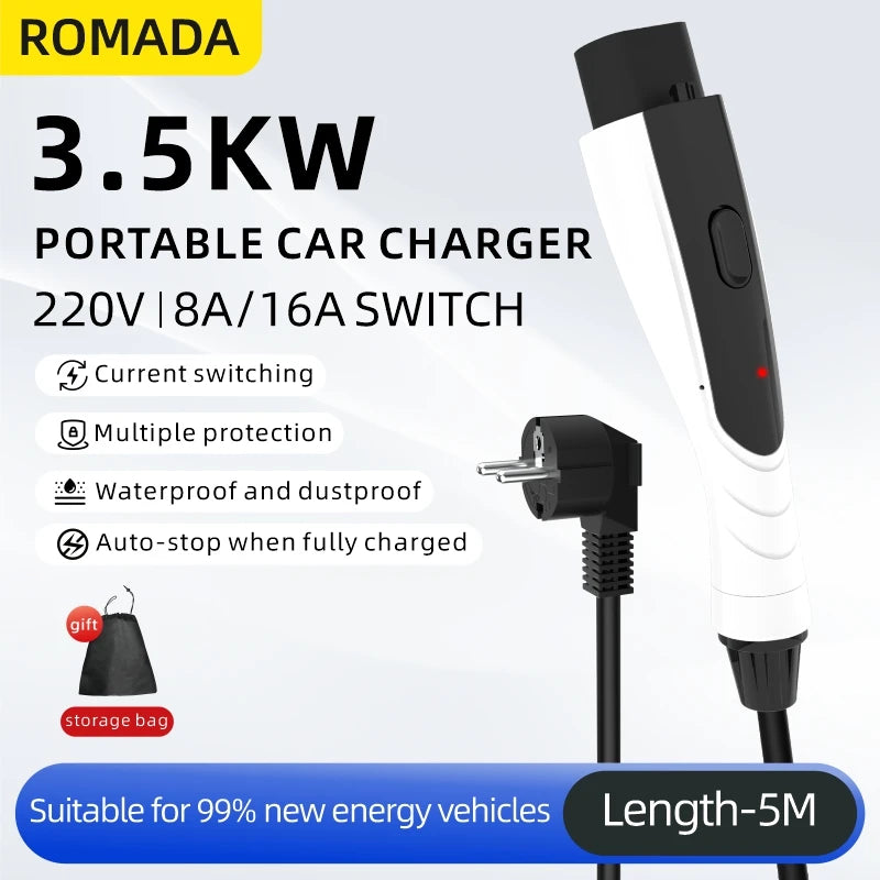 NEW ROMADA Portable 3.5KW 16A EV Charger 3M-20M Cable GBT20234 EVSE EU Plug Wallbox Adapter High Efficiency For Electric Vehicle
