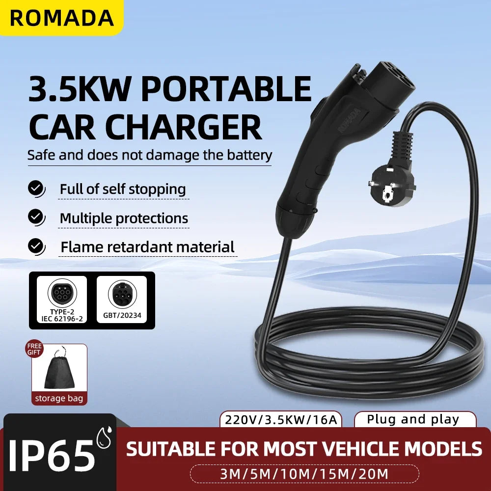 3.5KW 16A Portable EV Charger with GB/T20234 Connector EU Plug 3M-20M Cable Length Options Wallbox Adapter for Electric Vehicles