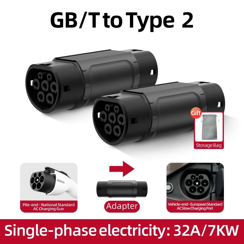 EV Charger Adaptor GBT/20234 to Type2/SAE J1772 Type1/Tesla NACS Electric Vehicle Connector for Charging 16A 3.5KW 32A 7KW