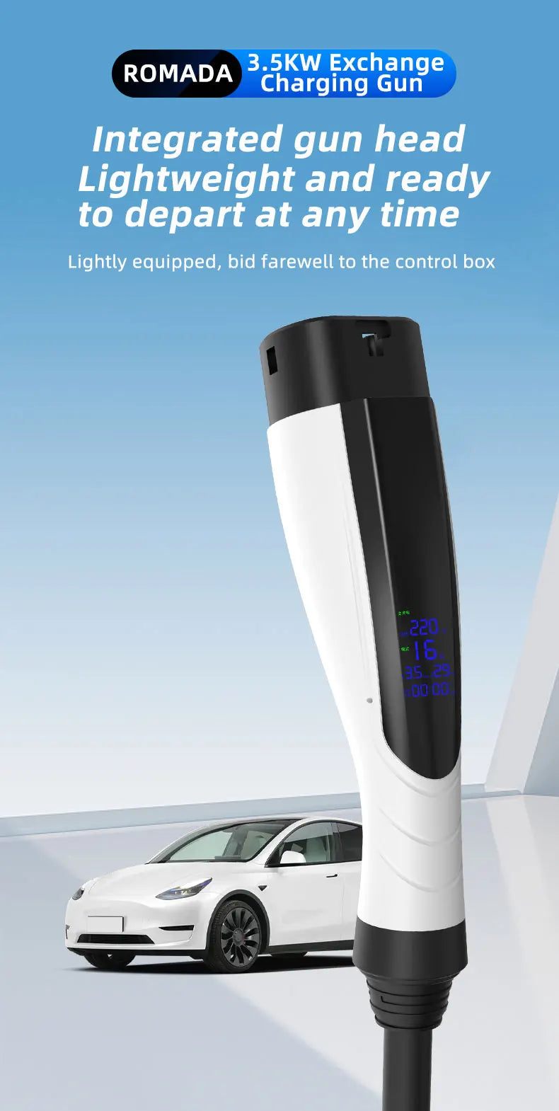 ROMADA NEW 3.5KW 16A Portable EV Charger IP66 Waterproof With Display 3M-10M Cable IEC62196 TYPE2 EVSE EU Plug Fast Charging CE