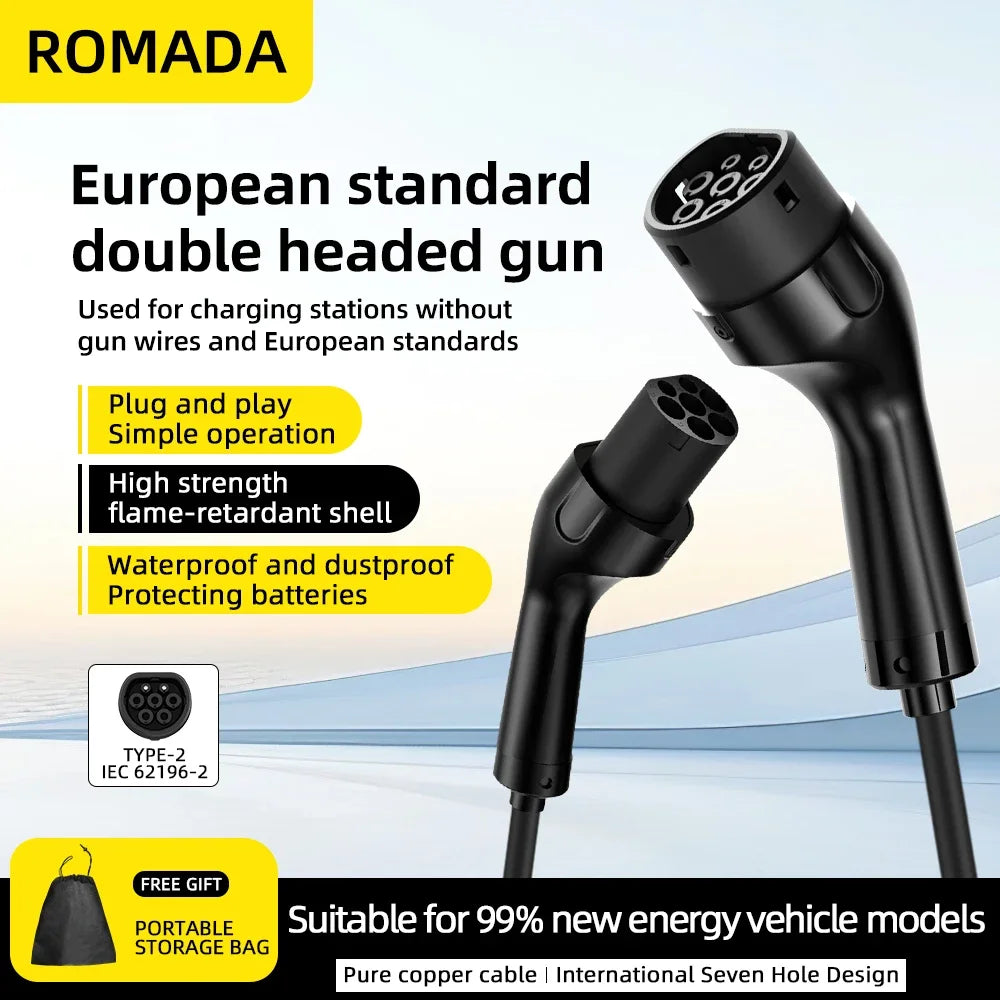 ROMADA Type2 to Type2 IEC62196-2 Phase 16A EV Charging Cable for EV Charging Station Extension 11KW 3M-20M Length Options