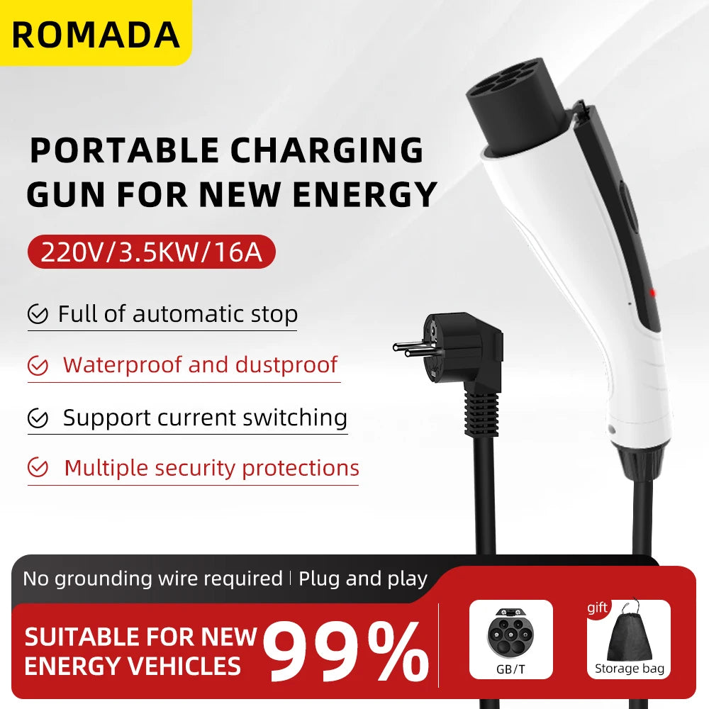 NEW ROMADA Portable 3.5KW 16A EV Charger 3M-20M Cable GBT20234 EVSE EU Plug Wallbox Adapter High Efficiency For Electric Vehicle