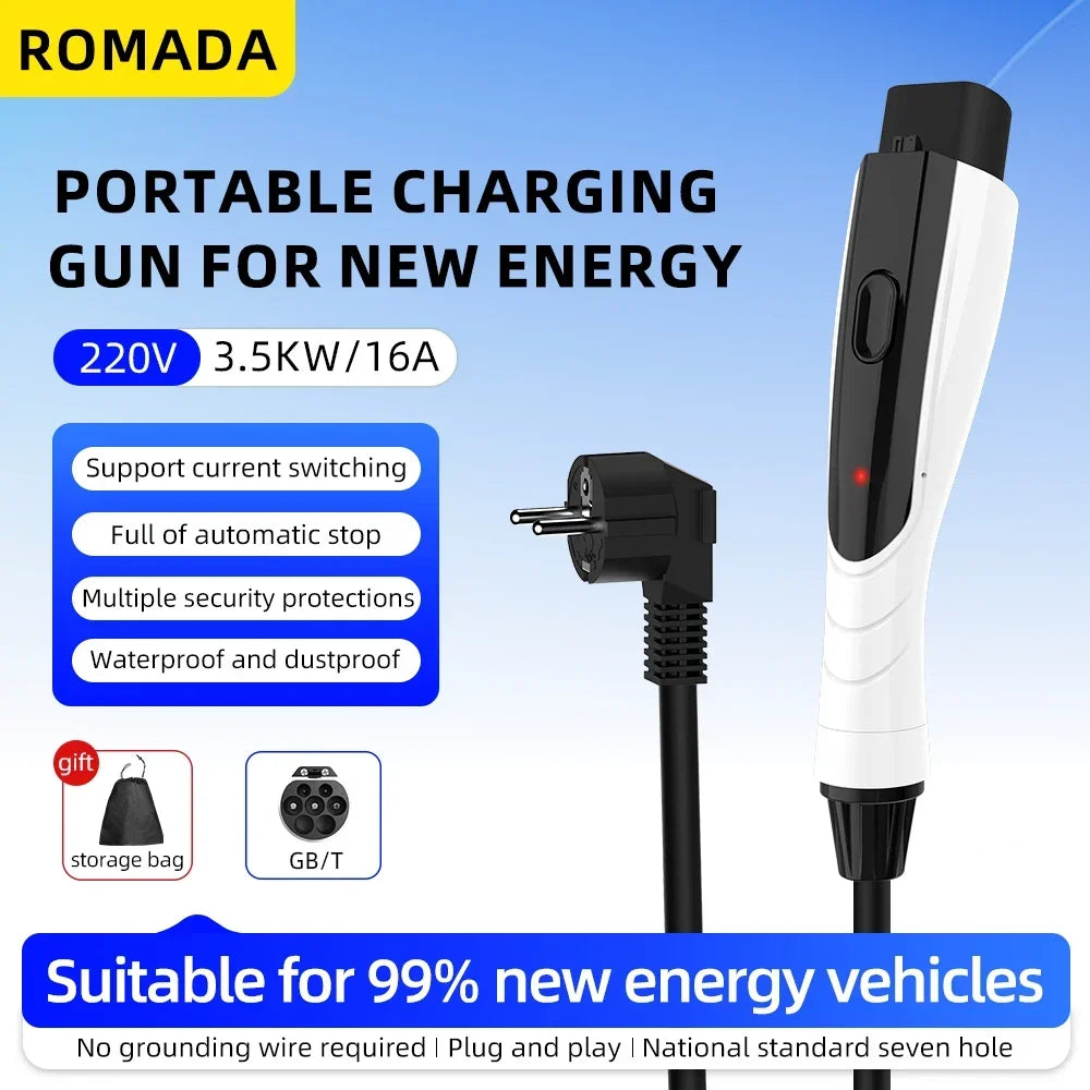 NEW ROMADA Portable 3.5KW 16A EV Charger 3M-20M Cable GBT20234 EVSE EU Plug Wallbox Adapter High Efficiency For Electric Vehicle