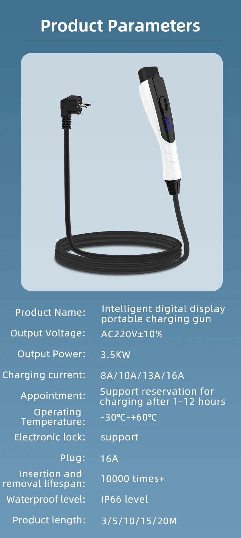 NEW 3.5KW 16A GB/T20234 EV Portable Charger 3M-20M Cable EVSE EU Plug Wallbox Adapter With Display Screen Fast Charging For EV