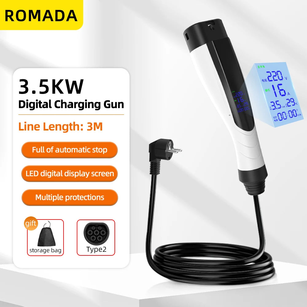 High-Efficiency 3.5KW 16A EV Portable Charger IP66 With Display Screen 3M-10M Cable IEC62196 TYPE2 EVSE EU Plug Fast Charging