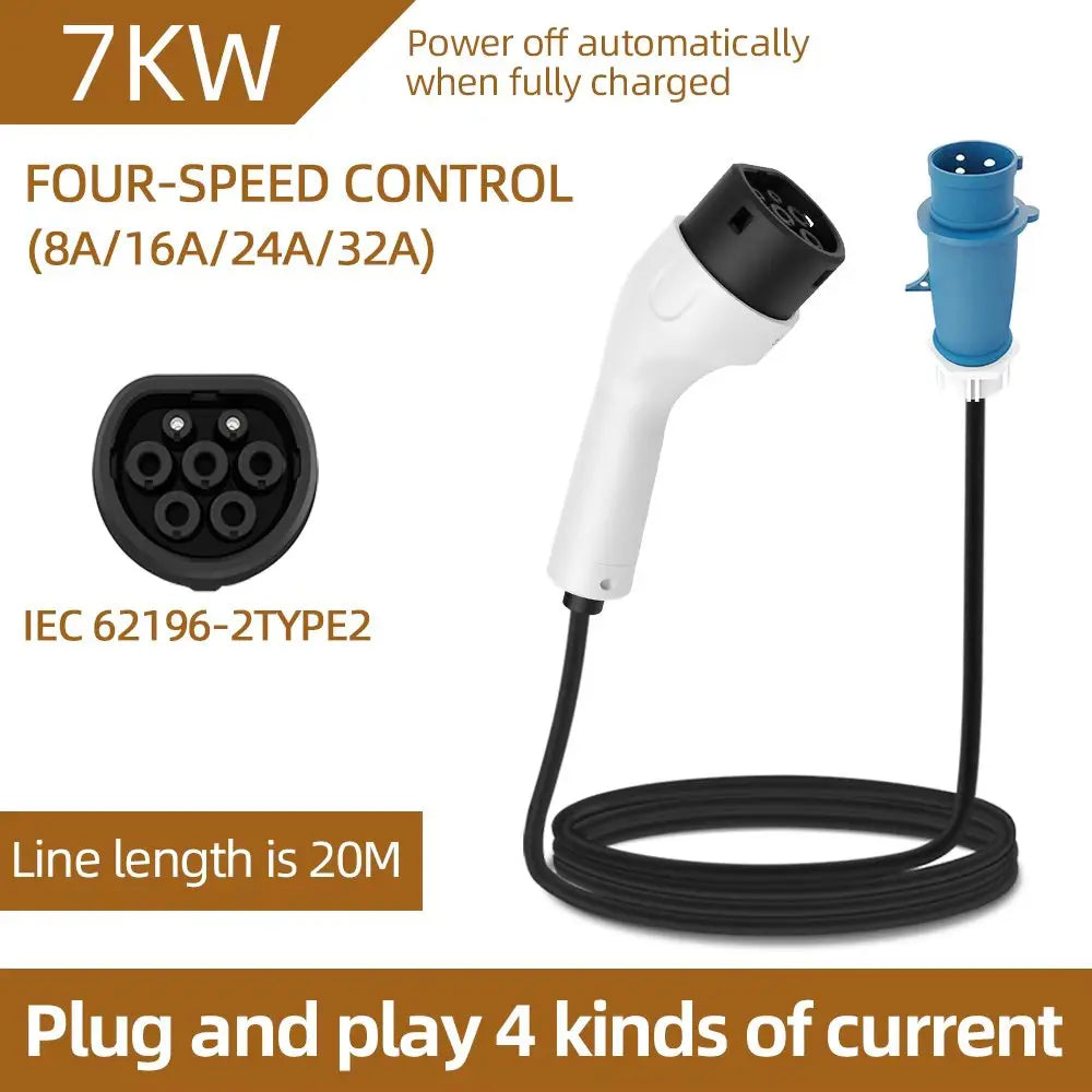 Type2 IEC62196 CEE Plug Portable EV Charger 7KW 32A with 3M/5M/10M/15M/20M Cable Wallbox Adapter for Electric Vehicle