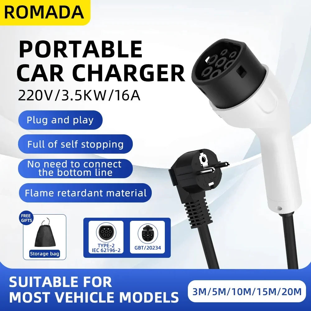 ROMADA Type 2 Portable EV Charger | 3.5kW 16A