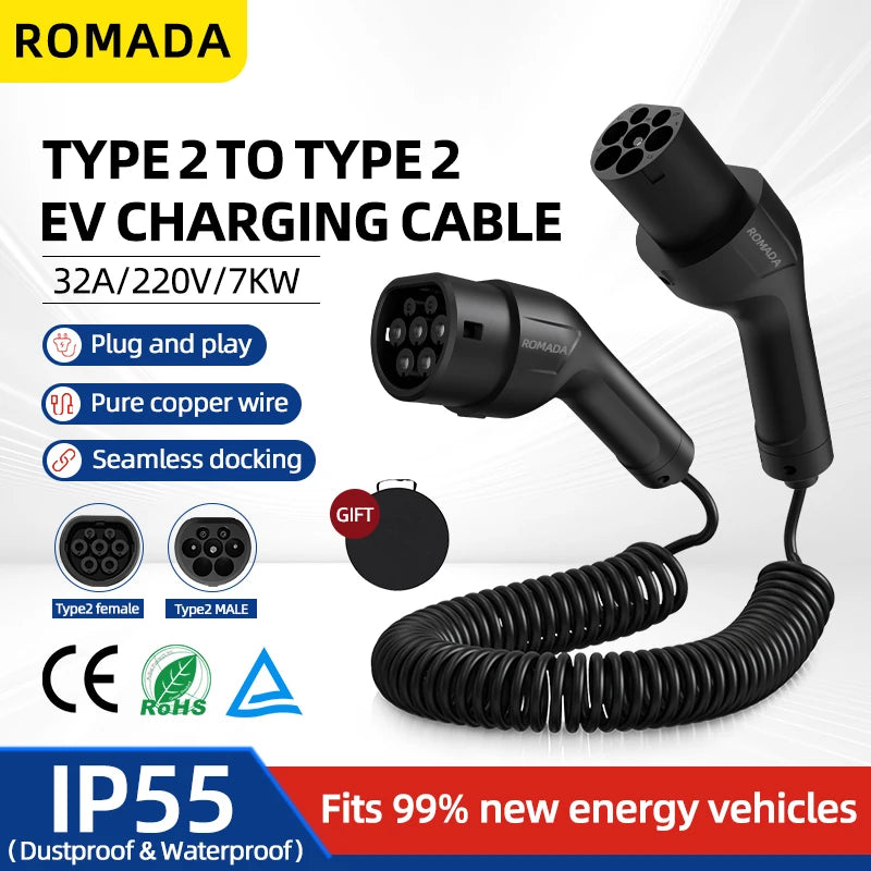 ROMADA Type 2 Coiled Charging Cable | 7kW 32A, 5m