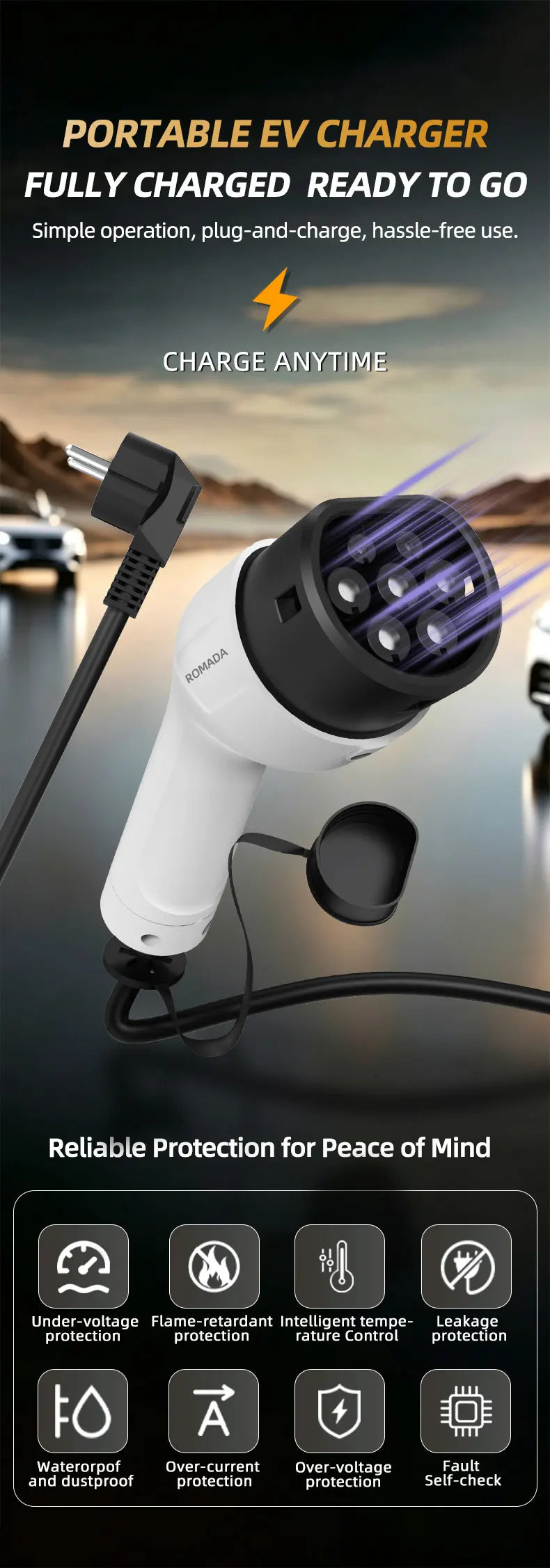 ROMADA Type 2 Portable EV Charger | 3.5kW 16A