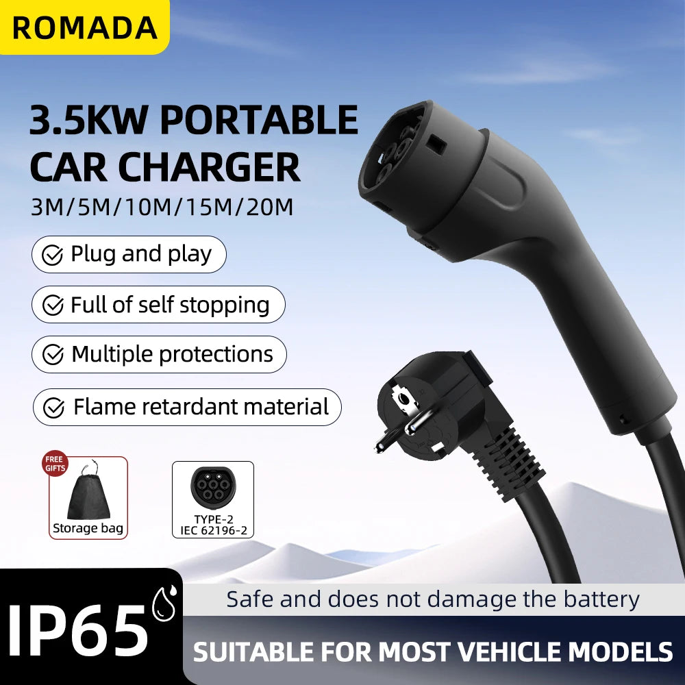 Portable 3.5KW 16A EV Charger 3M 5M 10M 15M 20M Cable Type2 IEC62196 EVSE EU Plug Wallbox Adapter For Electric Vehicle