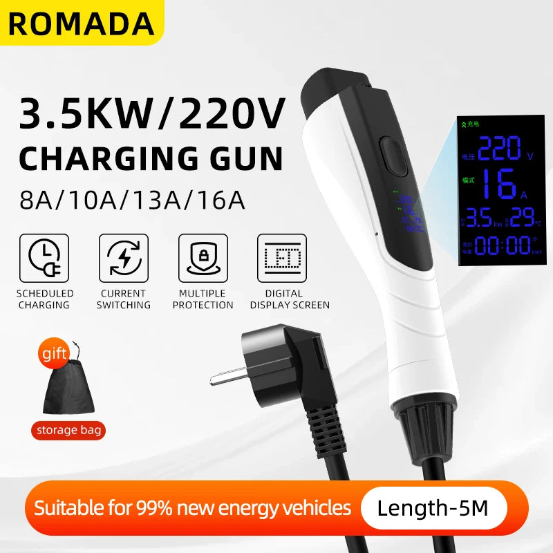 NEW 3.5KW 16A GB/T20234 EV Portable Charger 3M-20M Cable EVSE EU Plug Wallbox Adapter With Display Screen Fast Charging For EV
