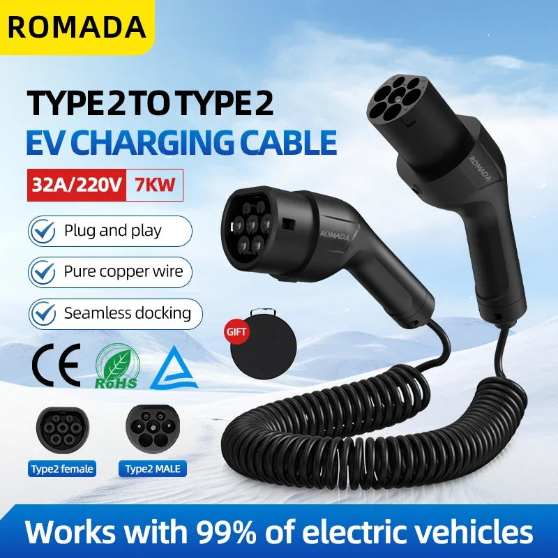Potable EV Charging Cable 32A 7kW 1Phase Electric Vehicle Cord 5M Type 2 EVSE Charging Station Female to Male Plug Spring Wire