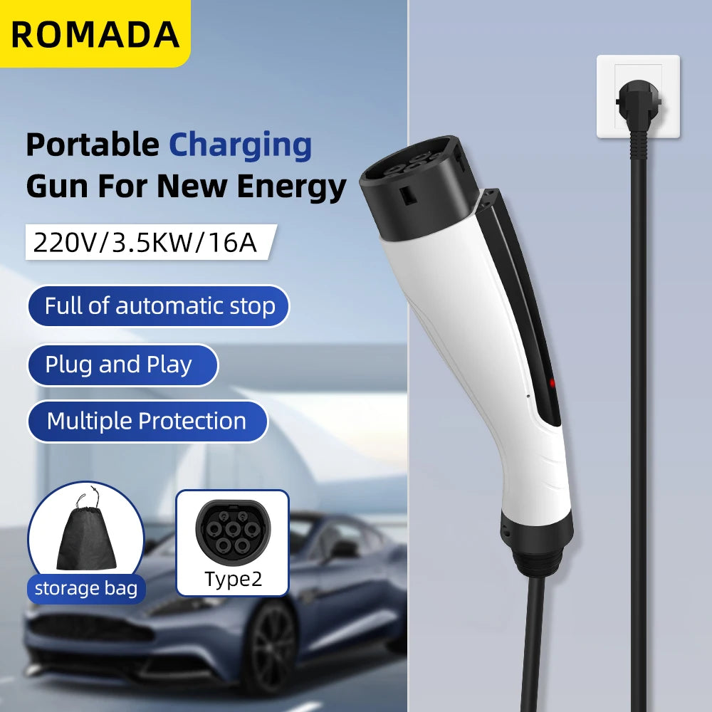 NEW ROMADA 3.5KW 16A Portable EV Charger 3M-10M Cable IEC62196 TYPE2 EVSE EU Plug Safe Fast Charging for Electric Vehicles CE