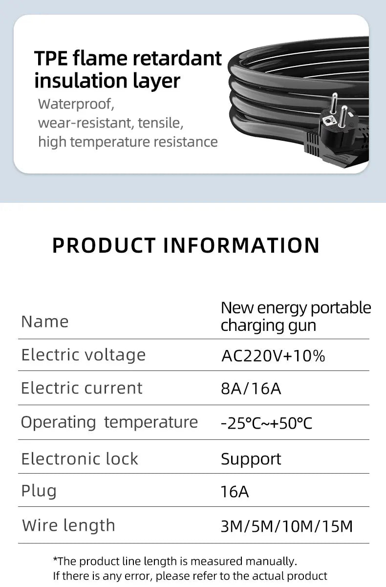 GB/T20234 3.5KW 16A Portable EV Charger with Connector EU Plug 3M-20M Cable Length Options Wallbox Adapter for Electric Vehicle