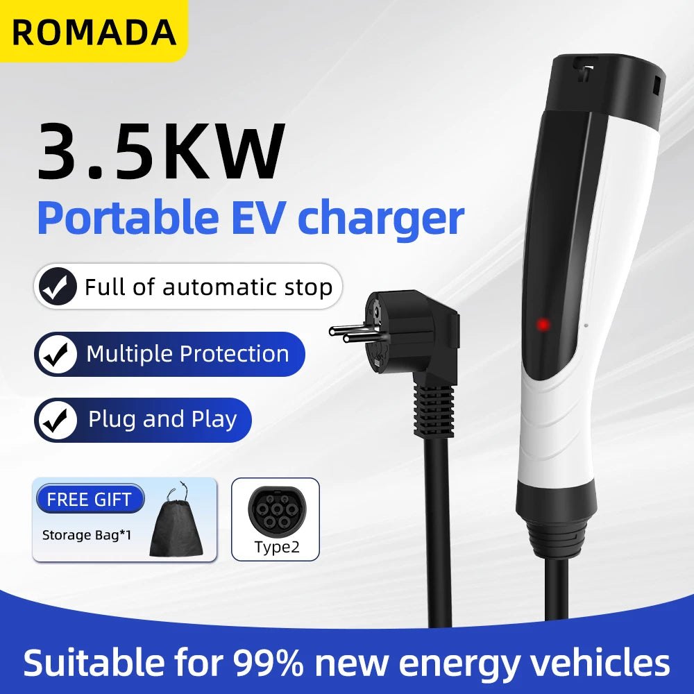 NEW ROMADA 3.5KW 16A Portable EV Charger with 3M-10M Cable IEC62196 TYPE2 EVSE EU Plug Safe Charging for Electric Vehicles