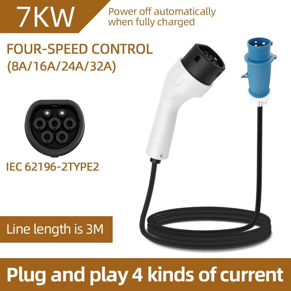 Type2 IEC62196 CEE Plug Portable EV Charger 7KW 32A with 3M/5M/10M/15M/20M Cable Wallbox Adapter for Electric Vehicle
