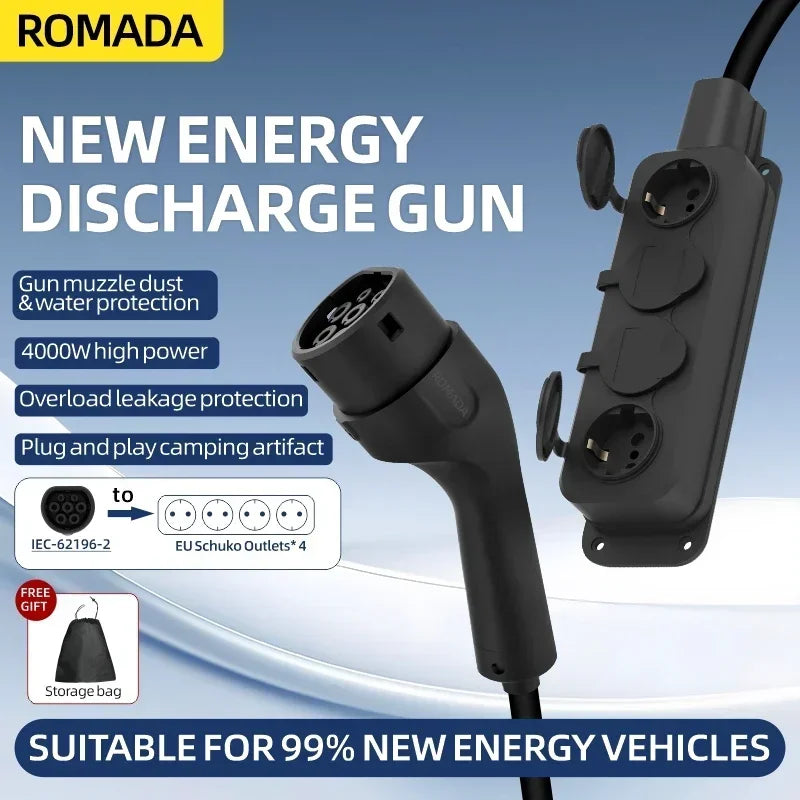 Portable 16A 4KW Electric Car EV Charger V2L Cable Side Discharge Plug IEC62196-2 Type2 with EU Socket for Outdoor Power Station