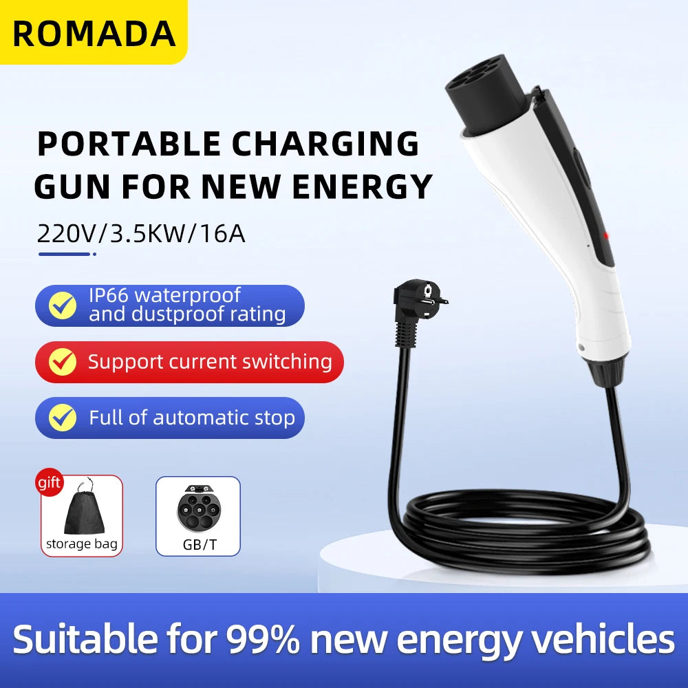 NEW ROMADA Portable 3.5KW 16A EV Charger 3M-20M Cable GBT20234 EVSE EU Plug Wallbox Adapter High Efficiency For Electric Vehicle
