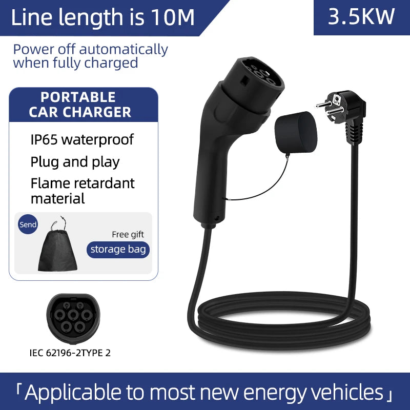 Portable 3.5KW 16A EV Charger 3M 5M 10M 15M 20M Cable Type2 IEC62196 EVSE EU Plug Wallbox Adapter For Electric Vehicle