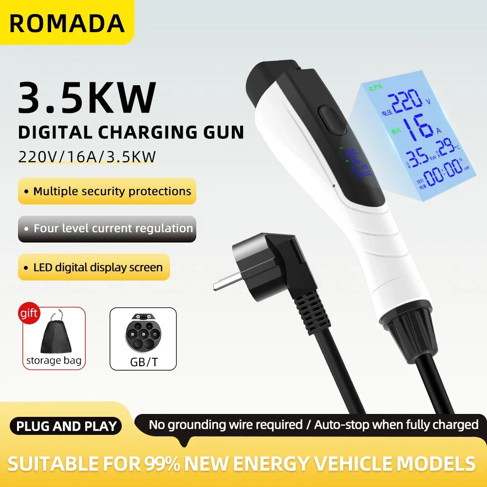 NEW 3.5KW 16A GB/T20234 EV Portable Charger 3M-20M Cable EVSE EU Plug Wallbox Adapter With Display Screen Safe Universal For EV