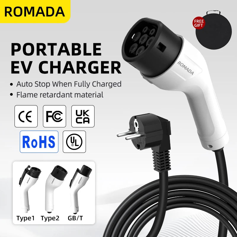 ROMADA Type 2 Portable EV Charger | 3.5kW 16A
