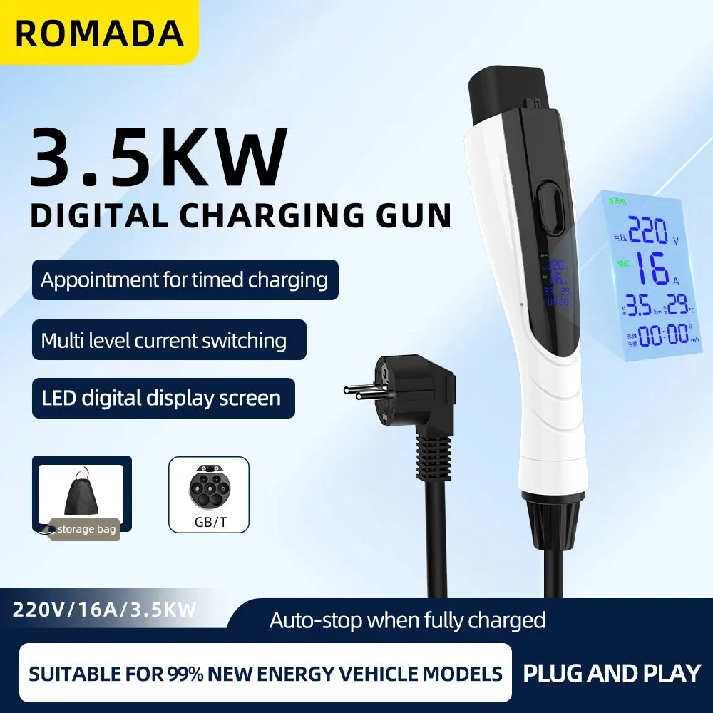 NEW 3.5KW 16A GB/T20234 EV Portable Charger 3M-20M Cable EVSE EU Plug Wallbox Adapter With Display Screen Fast Charging For EV