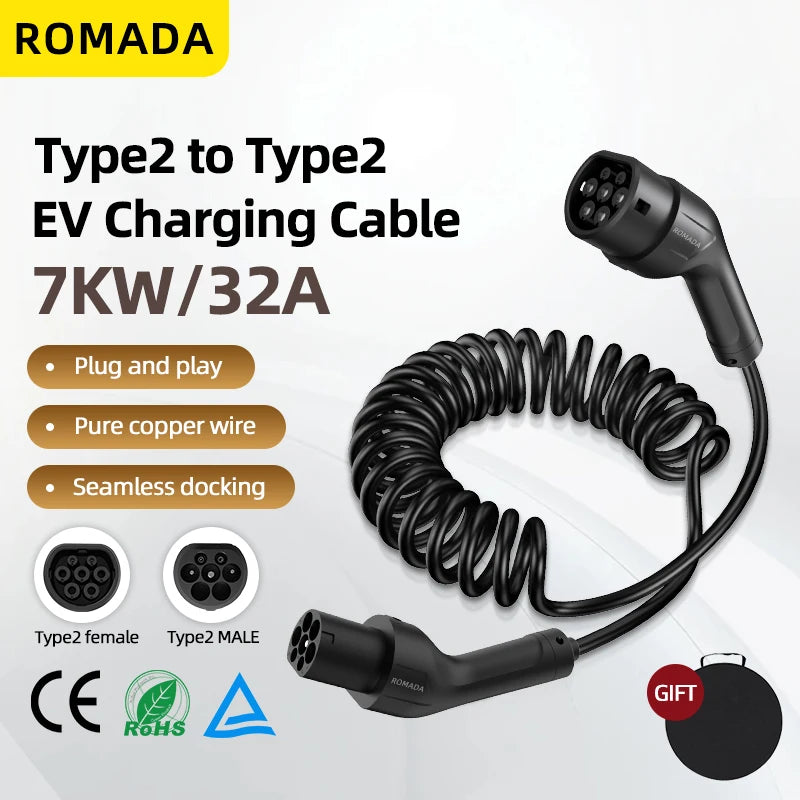 ROMADA Type 2 Coiled Charging Cable | 7kW 32A, 5m