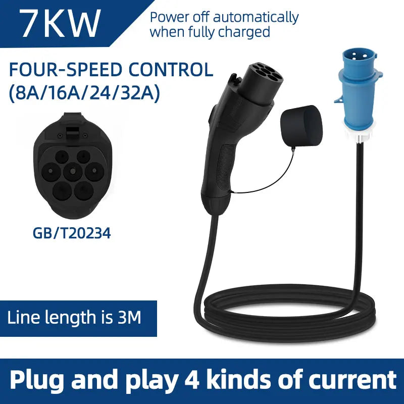 Electric Vehicle 7KW 32A EV Portable Charger 3M 5M 10M 15M 20M Cable GB/T20234 EVSE CEE Plug Wallbox Adapter For