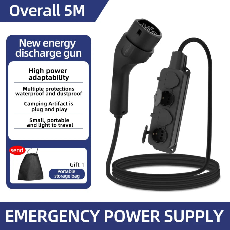 Portable 16A 4KW V2L Cable Electric Car Side Discharge Plug EV Charger IEC62196-2 Type2 16A With EU Socket Outdoor Power Station